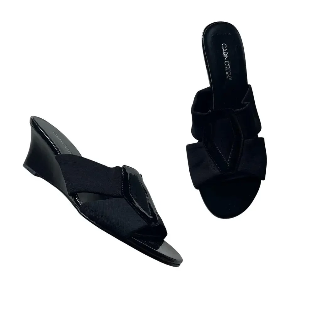 Black Open Toe Kitten Heel Wedge Sandals Sz 9 Y2K 2000s Grunge Summer Goth